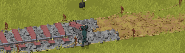 Dragging railroad ties over a railbed and dropping it in place, followed by moving the rail, then hitting spikes with a hammer